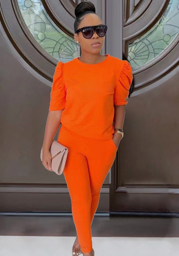 Orange O-Neck Half Sleeves Shirt and High Waist Pocket Pants 2PCS Set