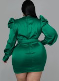 Plus Size Green V-Neck Long Sleeves Mini Slinky Pencil Dress
