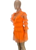 Orange Mesh Turtleneck Long Sleeves Ruffle Dress and Cami Mini Dress 2PCS Set