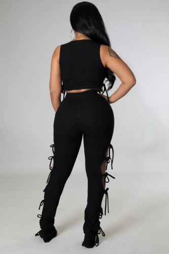 Black Sleeveless O-Neck Crop Top and Tight Lace Up Pants 2PCS Set