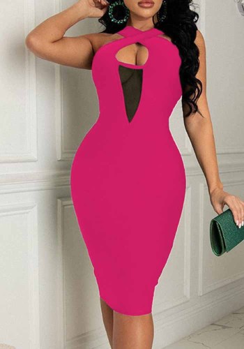 Rose Criss Cross Sleeveless Hollow Out Midi Slinky Dress