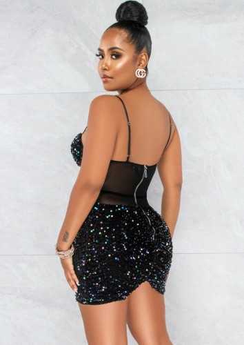 Purple Sequin Black Cami Sleeveless Sheath Mini Dress