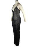 Black Rhinestone Mesh See Through V-Neck Sleeveless Maxi Dress