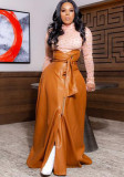 Brown PU Leather High Waist Belted Maxi Skirts with Pocket
