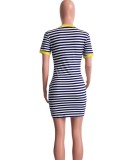 Striped Print Yellow O-Neck Short Sleeves Mini Dress with Pocket