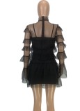 Black Mesh Turtleneck Long Sleeves Ruffle Dress and Cami Mini Dress 2PCS Set