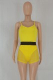 Yellow Sleeveless Cami Bobysuit and High Waist Skinny Shorts 2PCS Set