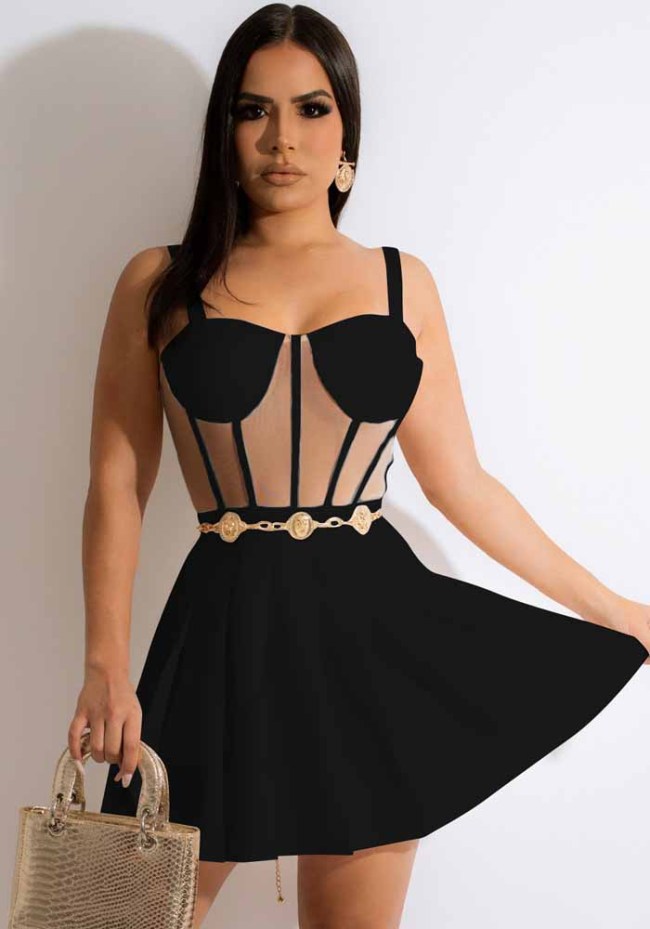 Black Mesh Patched Sleeveless Cami Mini Pleated Dress