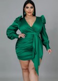 Plus Size Green V-Neck Long Sleeves Mini Slinky Pencil Dress