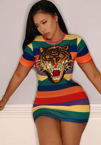Rainbow Color Stripe Print Sequin O-Neck Short Sleeves Mini Dress