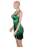 Green Silk V-Neck Sleeveless Cami Mini Slinky Dress