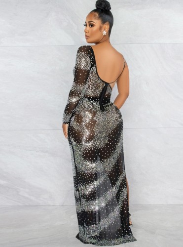 Black Beaded Rhinestone O-Neck Single Sleeves Maxi Dress
