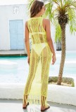 Yellow Crochet See Through Sleeveless Tassel Maxi Dress