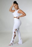 White Sleeveless O-Neck Crop Top and Tight Lace Up Pants 2PCS Set