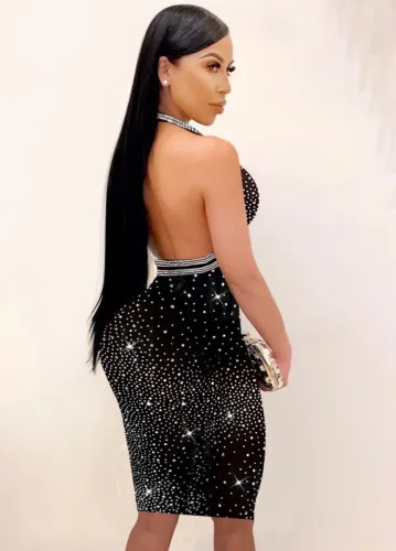 Black Rhinestone Mesh See Through V-Neck Sleeveless Midi Dress