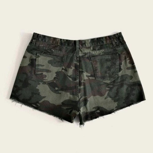 Camo Print High Waist Zip Fly Jeans Shorts with Pocket
