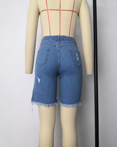 Blue High Waist Zip Fly High Low Fringe Jeans Shorts