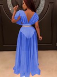 Blue Chiffon See Through Deep-V Short Sleeves Ruffle Maxi Dress