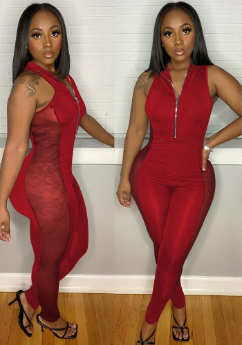 Red Mesh Patchwork Turndown Collar Sleeveless Zip Fitted Jumpsuit