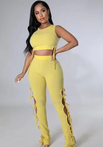 Yellow Sleeveless O-Neck Crop Top and Tight Lace Up Pants 2PCS Set