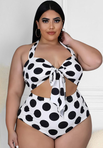 Plus Size Dot Print White Cami Halter Bikini Two Piece Set