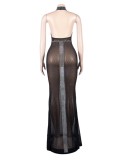 Black Rhinestone Turtleneck Cut Out Sleeveless Mermaid Maxi Dress
