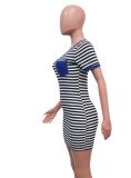 Striped Print Blue O-Neck Short Sleeves Mini Dress with Pocket