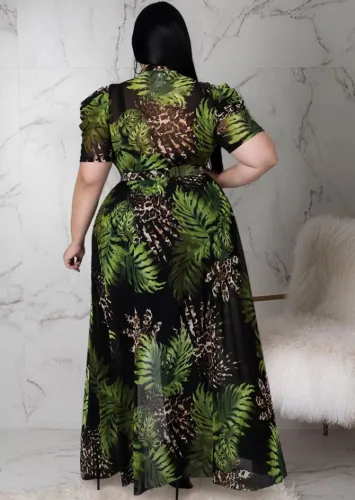 Plus Size Print Black Mesh Mock Neck Short Sleeves Long Dress