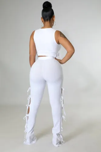 White Sleeveless O-Neck Crop Top and Tight Lace Up Pants 2PCS Set