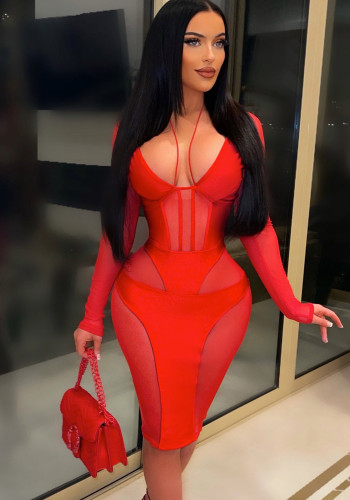 Plus Size Red Mesh Patchwork V-Neck Long Sleeves Fitted Midi Dress