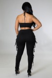 Black Bandeau Crop Top and High Waist Lace Up Pants 2PCS Set