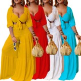 Plus Size Red Half Sleeve Tie Crop Top and High Waist Loose Pants 2PCS Set