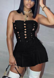 Black Strapless Sleeveless Lace Up Slim Fit Mini Dress