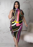Plus Size Stripe Print Midi Neck Sleeveless High Slit Long Dress