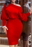 Red Slant Shoulder Long Sleeves Top and Bodycon Midi Skirt 2PCS Set