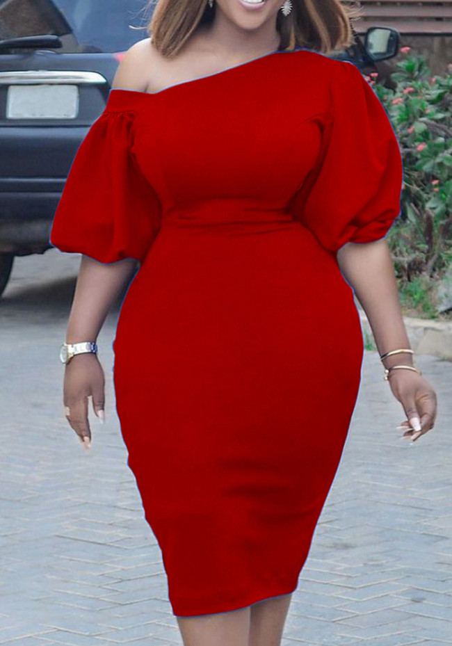 Plus Size Red Oblique Shoulder Half Sleeves Bodycon Midi Dress