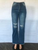 Blue Midi Waist Zip Fly Ripped Straight Jeans with Pocket
