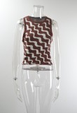 Wavy Stripes Print Brown Knitted Sleeveless Tank