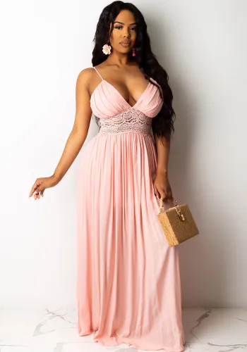Pink Lace Patchwork Cami Halter Sleeveless Maxi Dress