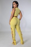 Yellow Sleeveless O-Neck Crop Top and Tight Lace Up Pants 2PCS Set