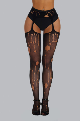 Black Lace Hollow Out Midi Waist Sheer Pantyhose