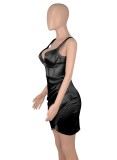 Black Silk V-Neck Sleeveless Cami Mini Slinky Dress