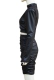 Black PU Leather Turtleneck Long Sleeves Crop Top and High Waist Ruched Skirt 2PCS Set