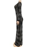 Black Beaded Rhinestone O-Neck Single Sleeves Maxi Dress