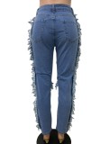 Lt-Blue High Waist Zip Fly Ripped Fringe Jeans