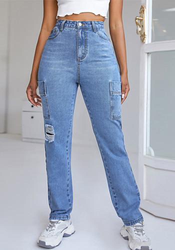 Blue High Waist Zip Fly Ripped Straight Jeans with Pocket