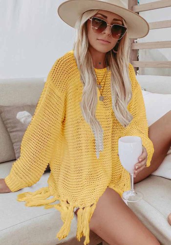 Yellow Crochet Drop Shoulder Long Sleeves Fringed Cover-Up