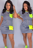 Striped Print Green O-Neck Short Sleeves Mini Dress with Pocket