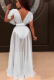 White Chiffon See Through Deep-V Short Sleeves Ruffle Maxi Dress