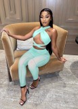 Green Bandage Crop Top and See Through High Waist Pants with Pantie 3PCS Sets